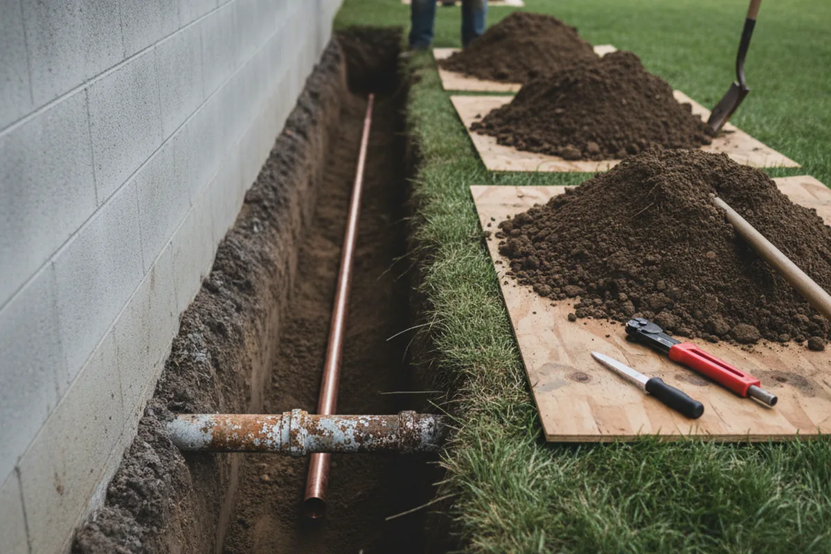Excavated water line trench during Water Heater Repair in Pennville